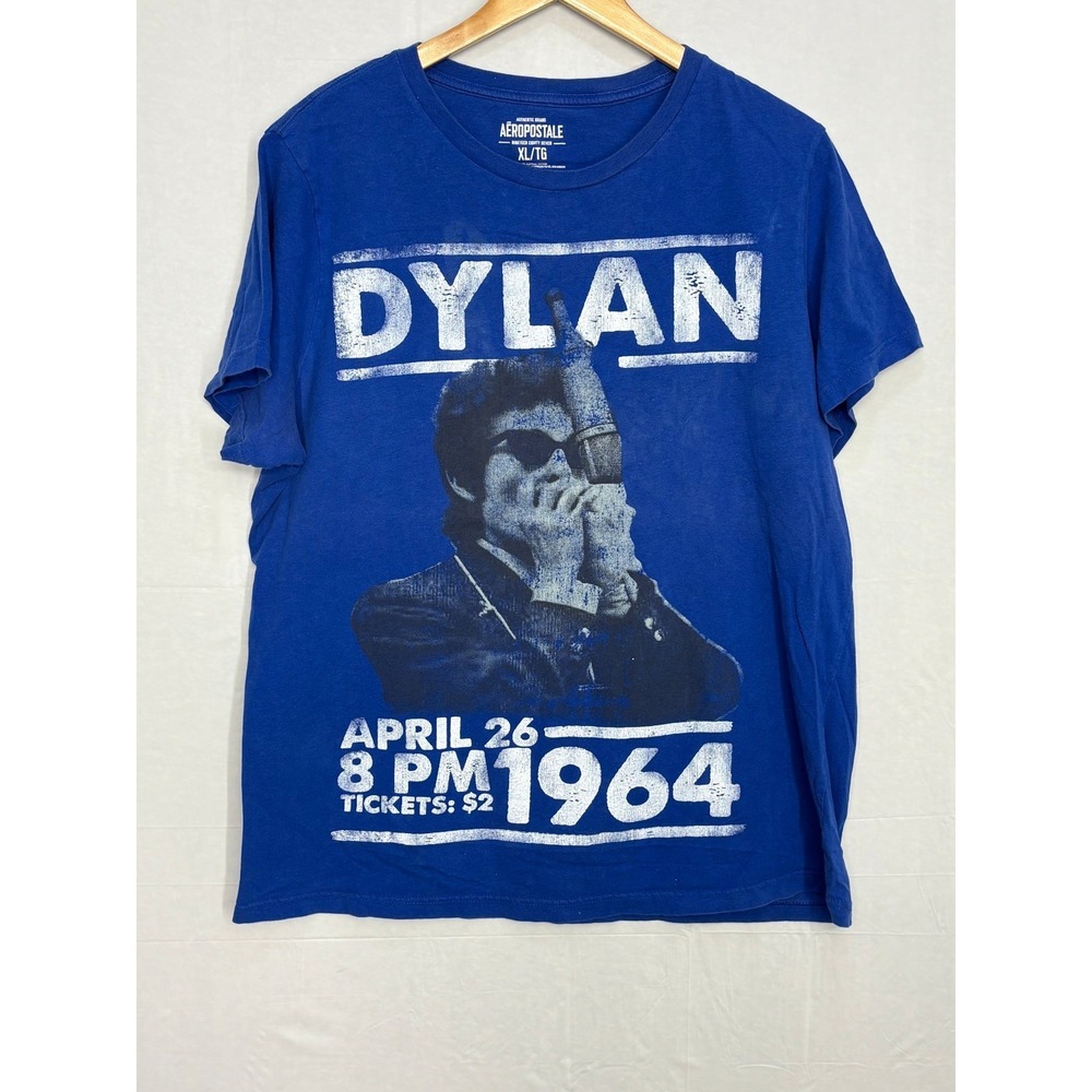 Bob Dylan Graphic Rock Band Retro Tee Mens Blue Crew Neck XL 1990s Aeropostale